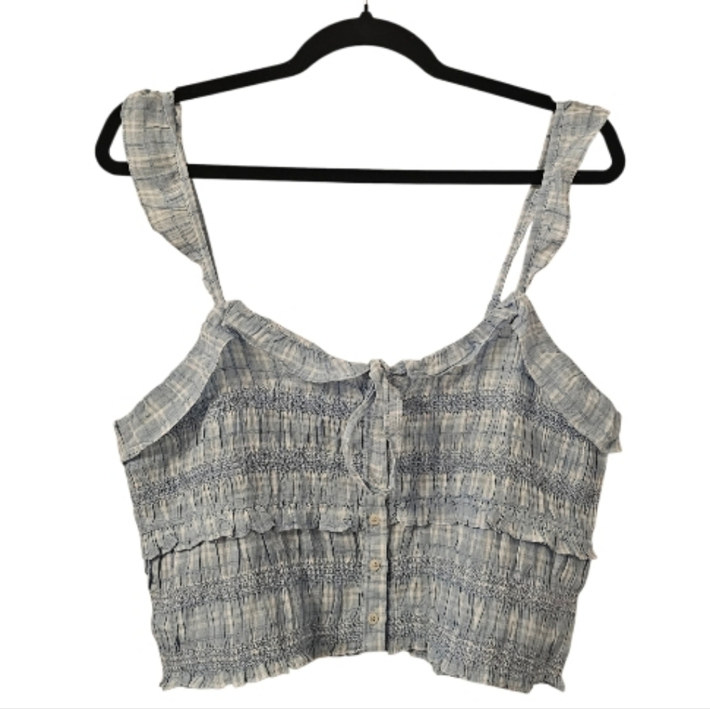 Blue and White American Eagle Outfitters Women's Smocked Ruffle Tank Top